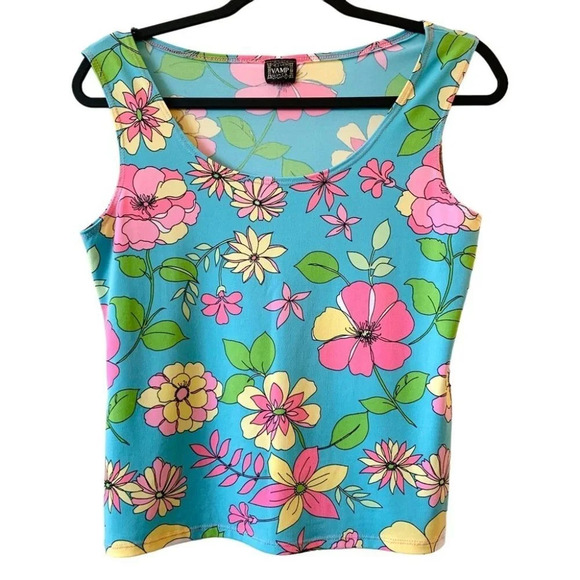 Vintage Tops - Vintage Vamp Top Womens Medium Blue  Pink Floral Pastel Sleeveless Spring Summer